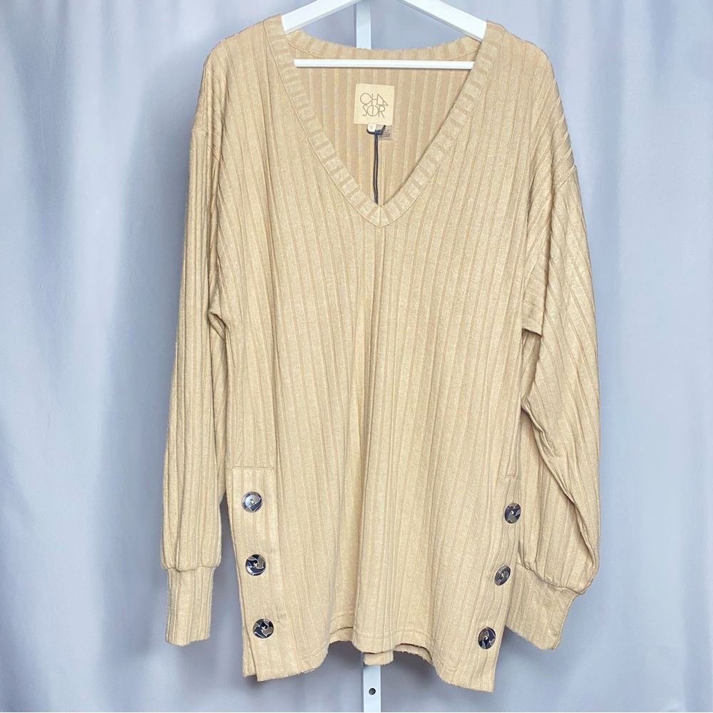 Chaser Tan Ribbed V-Neck Button Side Oversized Tunic Sweater — S